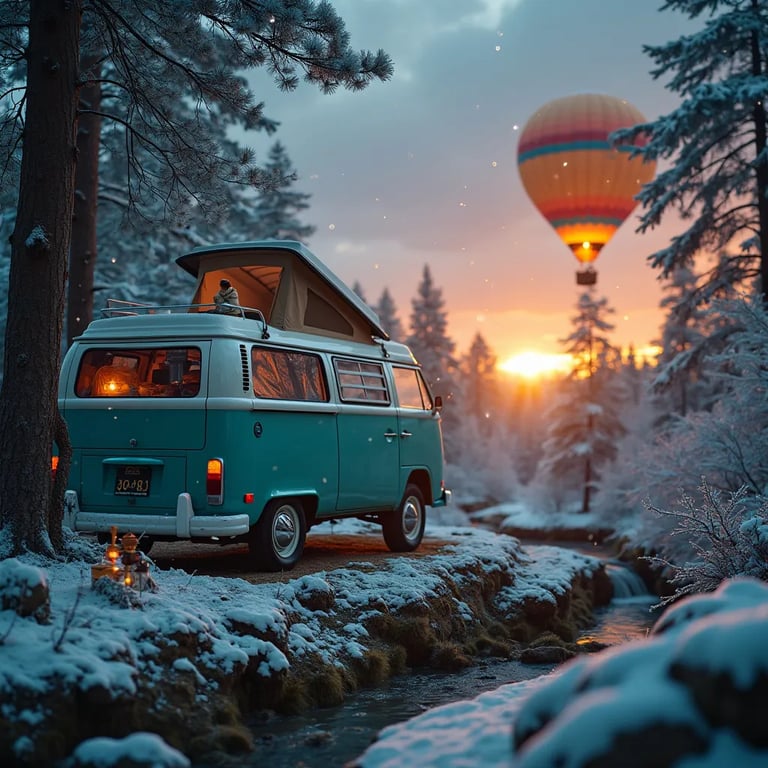 A teal campervan rests among ancient petrified trees as snow falls softly at sunset. A small waterfall flows nearby, with camping chairs, a hammock, and glowing fireflies adding a cozy touch.