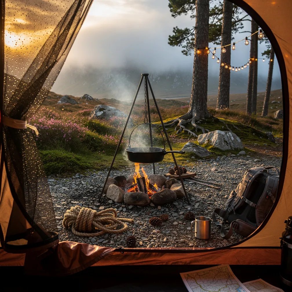 Soft morning light and cool mist wrap around a quiet campsite in the Scottish Highlands. Through the tent’s mesh window, you can see a cast iron skillet hanging over a small crackling fire. String lights glow between tall pine trees, and the ground is damp with heather, moss, and scattered pine cones. Rugged hills fade into the distance, making the whole place feel calm and wild.