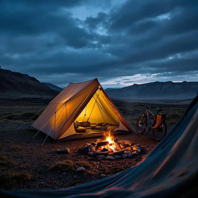 A cozy campsite rests in Iceland beneath a dusty dusk sky. A bicycle leans beside the glowing tent, while a small fire crackles in a ring of stones. Seen from a hammock, the scene feels peaceful and wild.