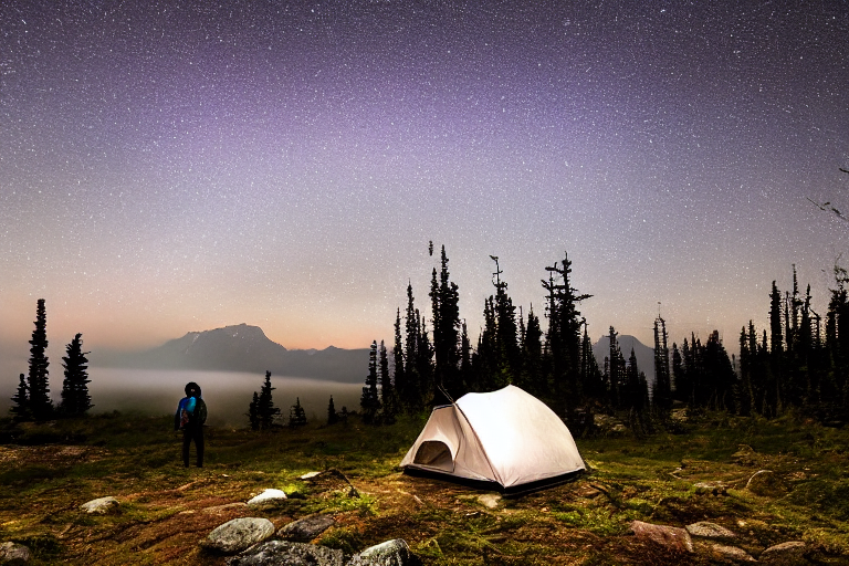 A white tent rests on a rocky dirt campsite beneath glowing green auroras. Small trees and patches of stone surround the foggy camp, creating a quiet, magical night in Washington State.