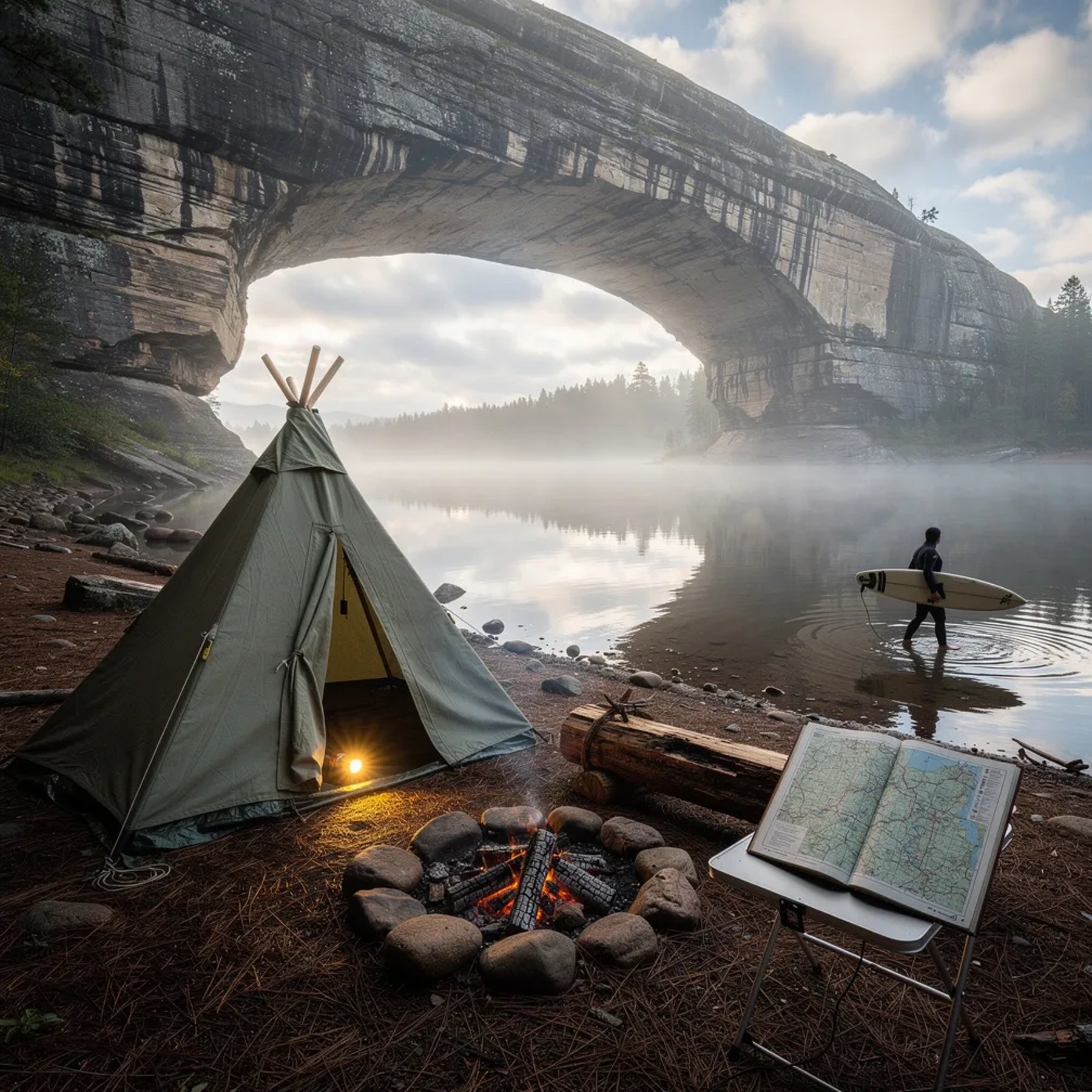 A quiet teepee tent sits by a still lake under a big sandstone arch, with pine needles covering the damp ground. Thin morning fog floats over the water, and a small fire ring gives off a tiny wisp of smoke. Warm light spills from the open tent, making the campsite feel cozy and calm. Far away, a lone surfer walks along the shore with a board.