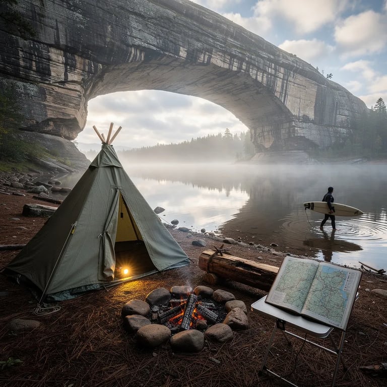 A quiet teepee tent sits by a still lake under a big sandstone arch, with pine needles covering the damp ground. Thin morning fog floats over the water, and a small fire ring gives off a tiny wisp of smoke. Warm light spills from the open tent, making the campsite feel cozy and calm. Far away, a lone surfer walks along the shore with a board.