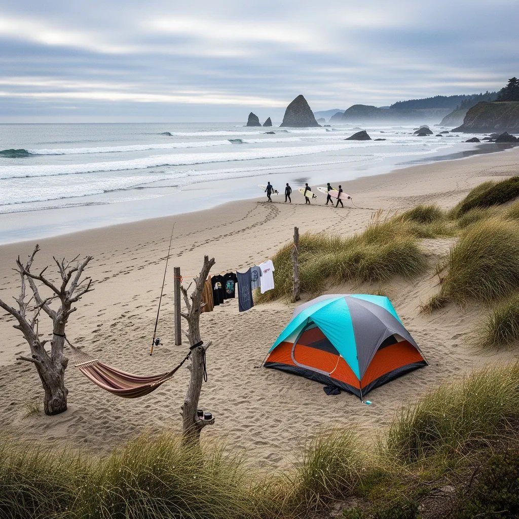 A bright tent rests in the dunes, with a hammock and clothesline gently swaying in the cool ocean breeze. Surfers walk across the damp sand toward rolling waves, while the cloudy sky wraps the beach in calm, soft light.