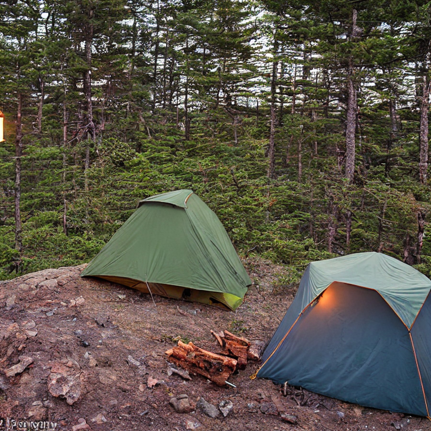 A green and tan Subaru rests on a rough dirt campsite beneath a stormy sunset sky. Its rooftop tent is open, with a lantern glowing beside a large log and a campfire. A pale moon hangs over the distant hills.
