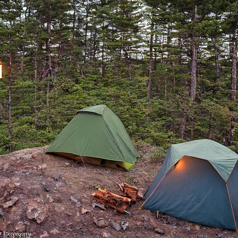A green and tan Subaru rests on a rough dirt campsite beneath a stormy sunset sky. Its rooftop tent is open, with a lantern glowing beside a large log and a campfire. A pale moon hangs over the distant hills.