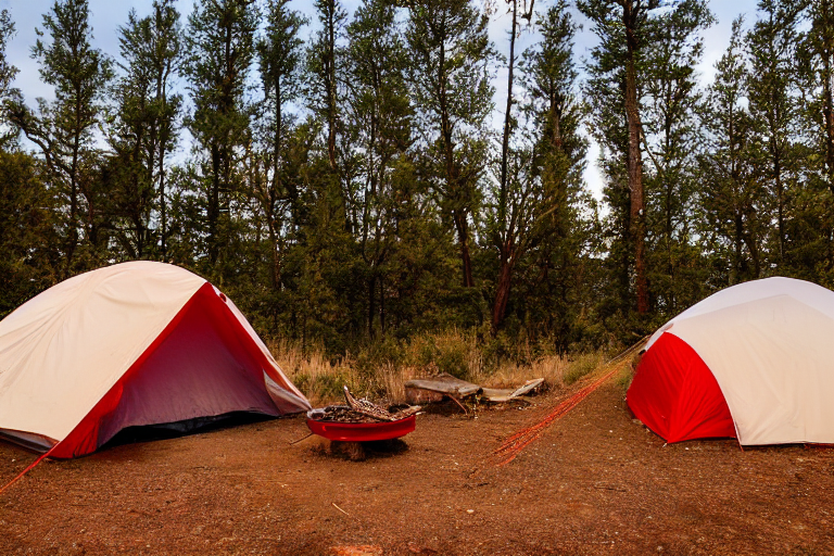 A red and white tent rests on a paved campsite in the New Mexico desert. Tall grass, a wooden log, and camping gear surround a small fire pit on the dirt. Rainy sunrise light glows beneath birds flying across the sky.