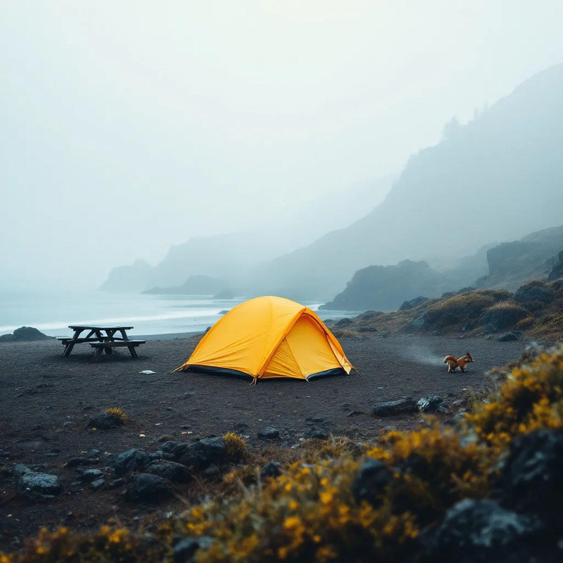 A bright yellow tent rests on a rough beach beside the foggy ocean. A picnic table and private outdoor shower add comfort, while rainbow-colored hot springs glow nearby. A little squirrel races across the campsite.