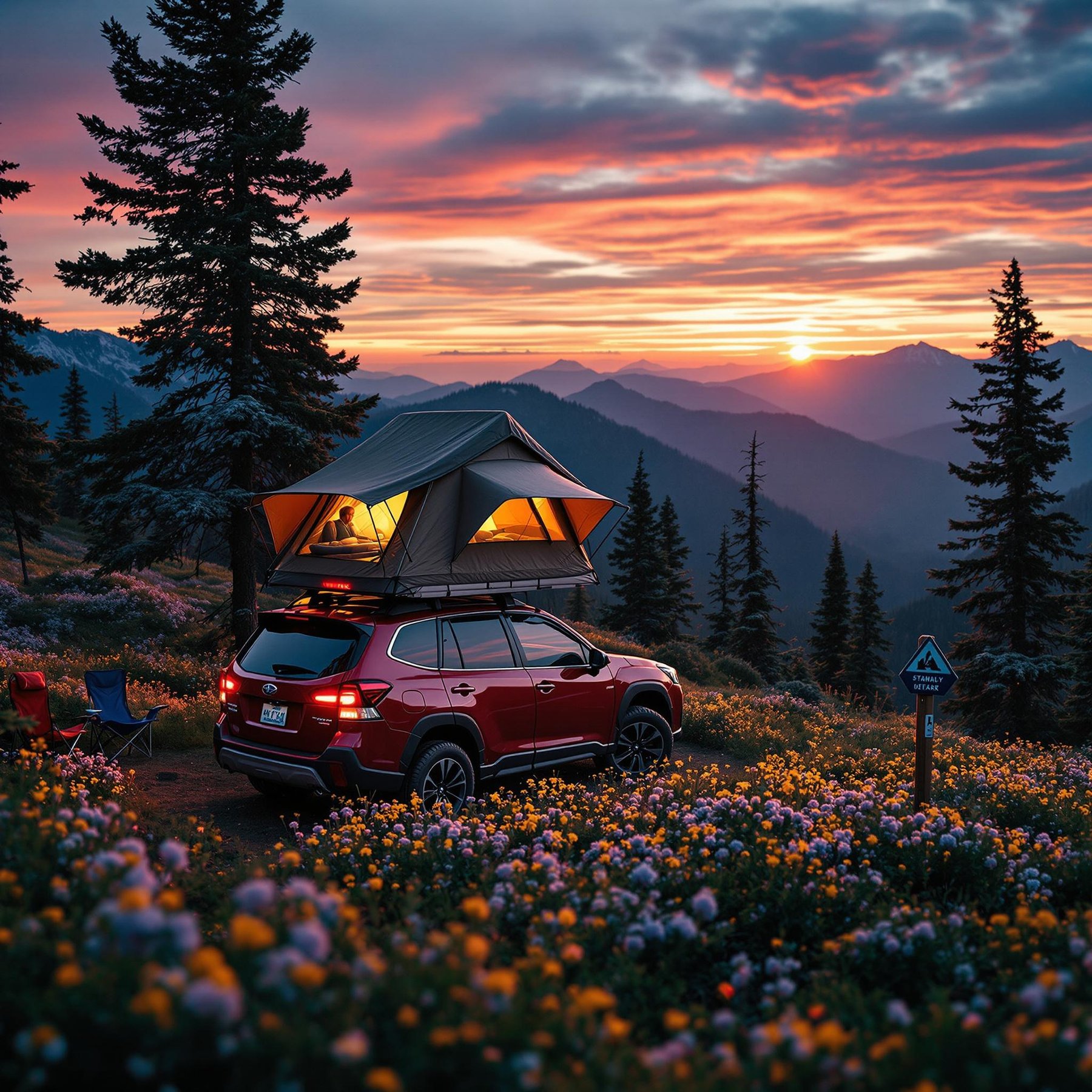 A red Subaru rests in a bright wildflower meadow, with a cozy rooftop tent glowing inside. Tall trees, camping chairs, and a trail marker make the spot feel ready for adventure. Far away, the sun sets behind the mountains as the wind moves through the wild landscape.