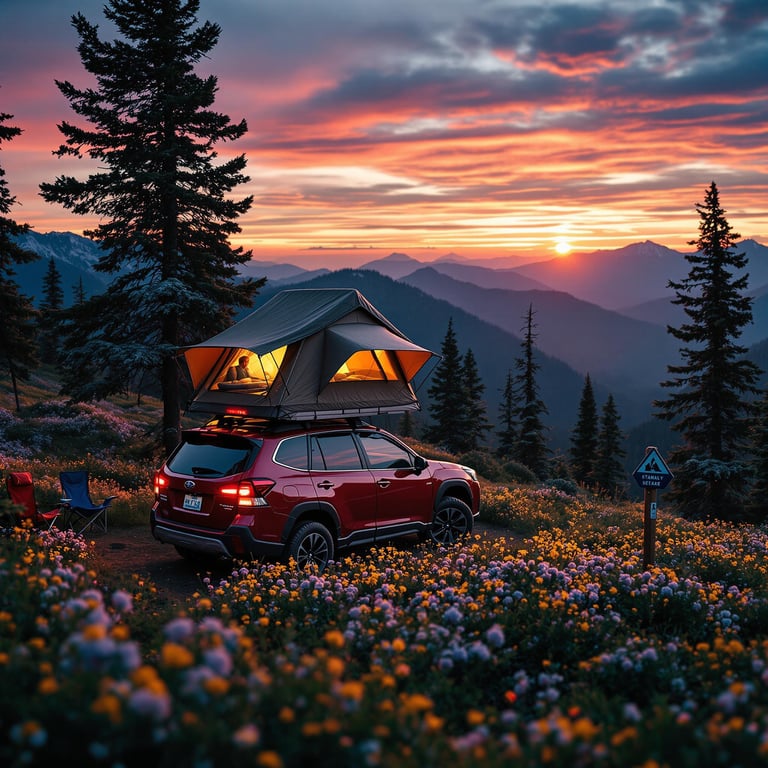 A red Subaru rests in a bright wildflower meadow, with a cozy rooftop tent glowing inside. Tall trees, camping chairs, and a trail marker make the spot feel ready for adventure. Far away, the sun sets behind the mountains as the wind moves through the wild landscape.