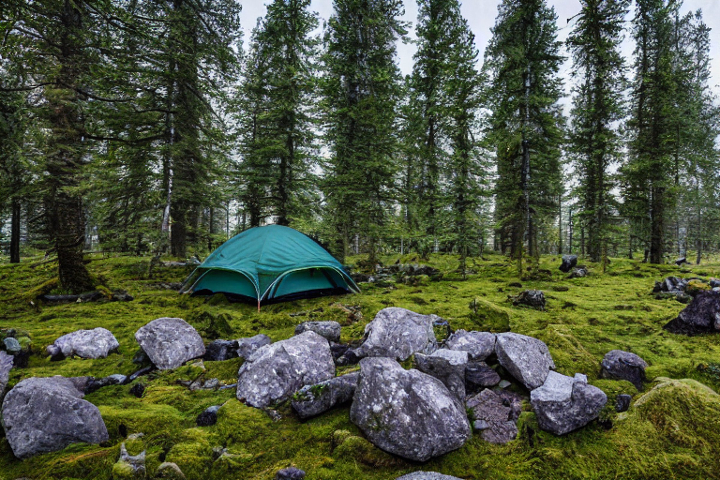 A green tent rests beside a campfire on a snowy Icelandic campsite. Mossy trees, large stone slabs, and a clear stream create a peaceful wild setting.