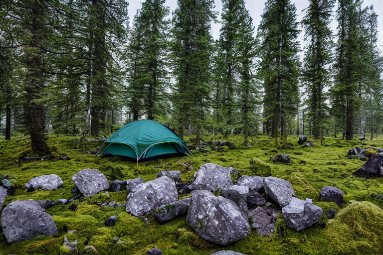 A green tent rests beside a campfire on a snowy Icelandic campsite. Mossy trees, large stone slabs, and a clear stream create a peaceful wild setting.