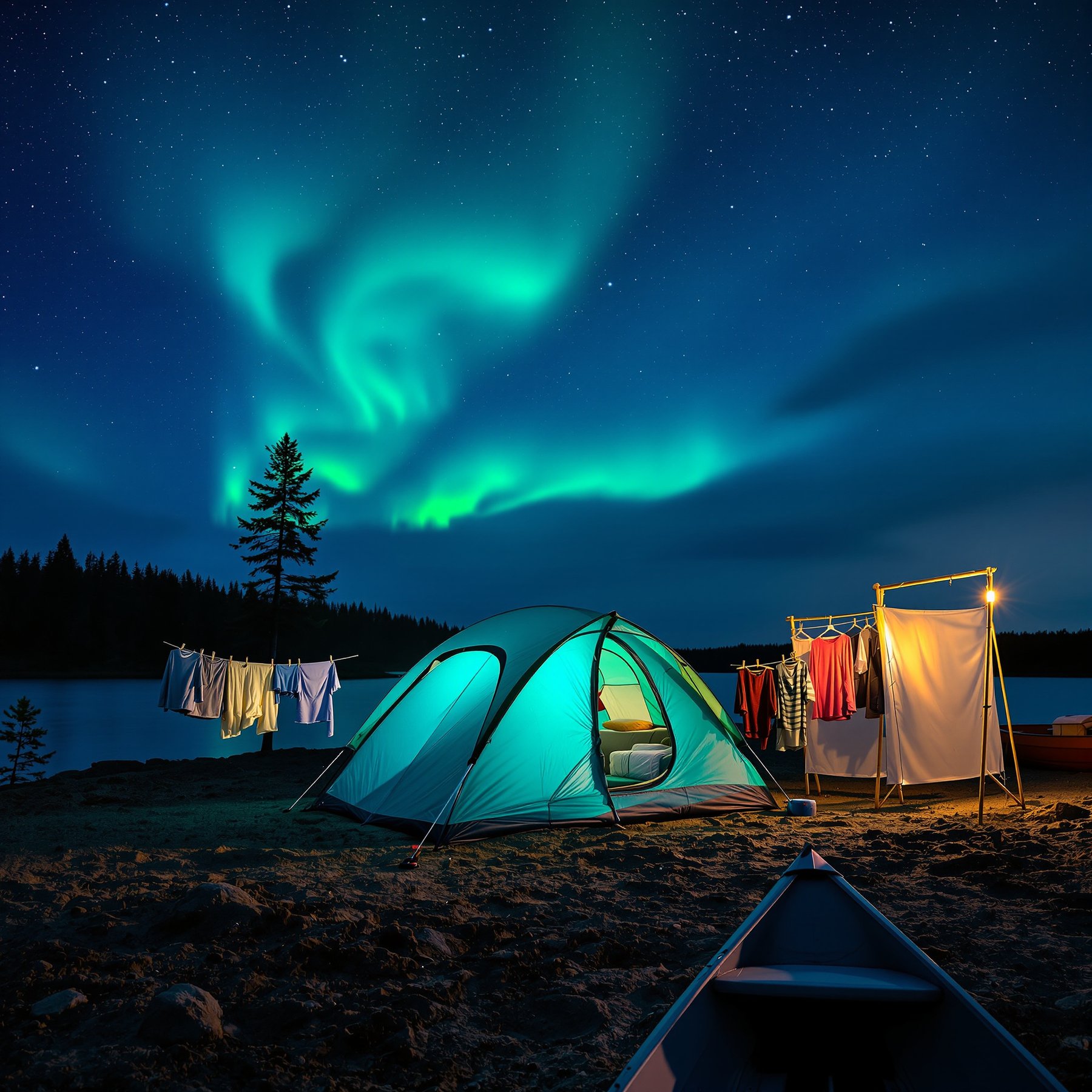 This cozy campsite sits by a peaceful lake under a sky full of stars and swirling northern lights. The glowing tent and colorful clothesline make it feel warm and welcoming. It's the perfect spot for a night of stargazing and adventure.