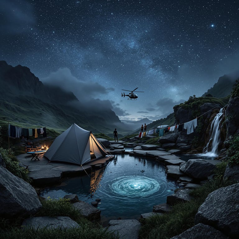 A dark gray tent rests beside a warm hot spring under a star-filled sky. Large stone slabs, hanging clothes, and a small waterfall make the campsite feel wild and cozy. Farther away, surfers brave the stormy night.