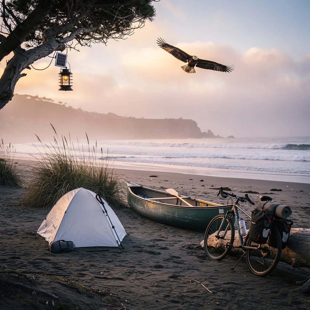 A quiet beach camp sits on damp sand at dawn, with soft mist and gentle waves rolling in. A white bivy rests by tall beach grass, while a canoe and a bicycle wait near driftwood. A solar lantern hangs from a windswept tree, and a golden eagle glides high in the brightening sky.