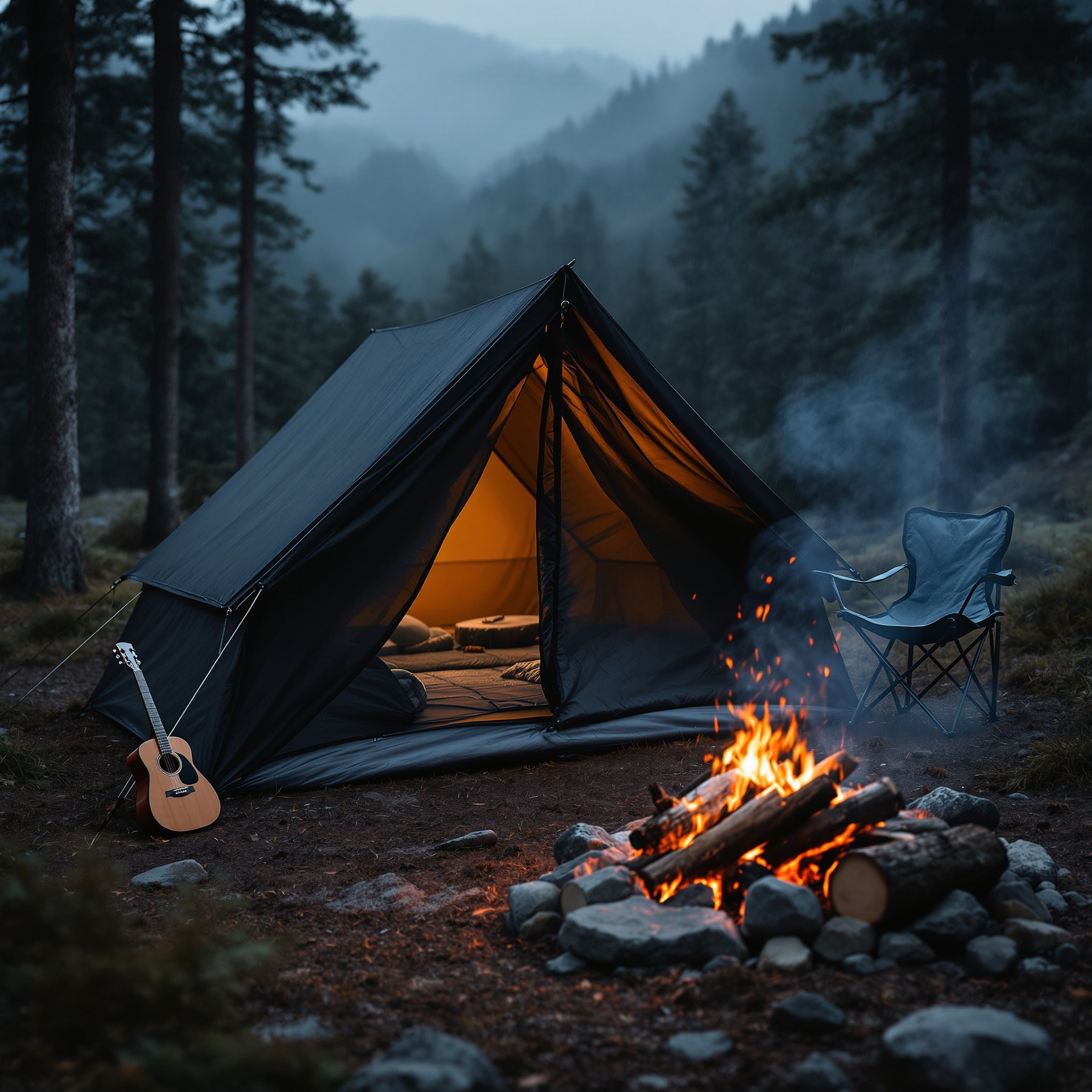 A cozy tent glows in the quiet forest, surrounded by tall trees and misty mountains. A crackling campfire keeps things warm, and a guitar waits for songs by the fire. This campsite feels peaceful and fun, perfect for a night outdoors.