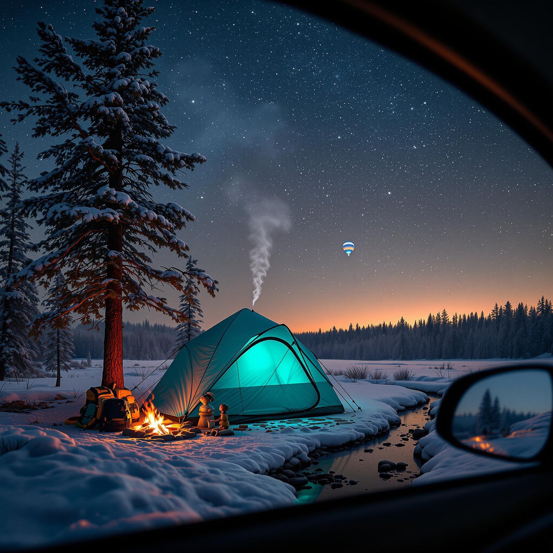 Under a starry sky, a cozy tent glows warmly by a crackling campfire, surrounded by snowy trees. A peaceful stream reflects the enchanting twilight, while a hot air balloon drifts quietly overhead. The scene feels magical and full of wonder.