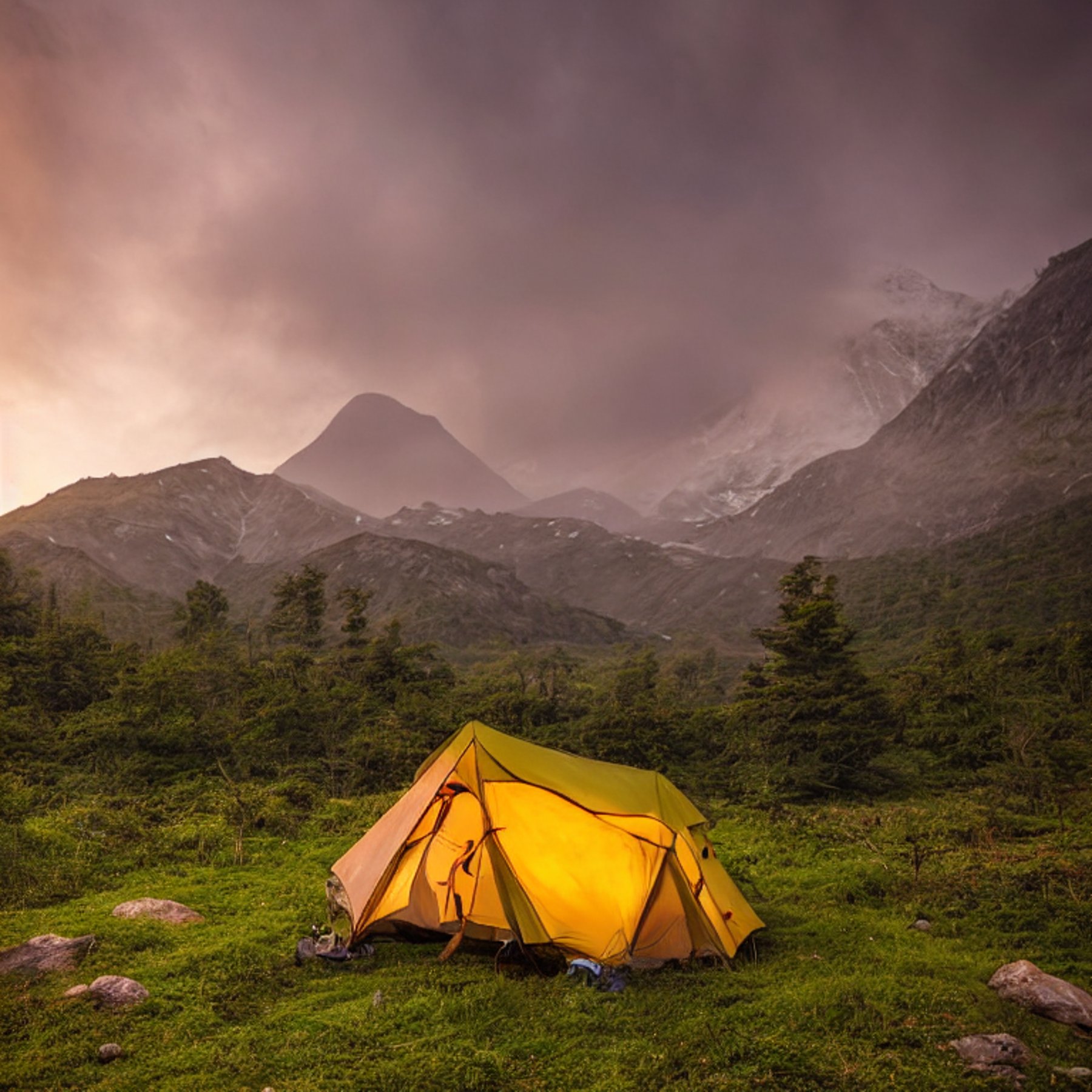 A cozy tent rests beside a paved campsite in the Valley of Flowers as the sun sets behind the mountains. Small trees, cloudy skies, and a large rock frame the scene, while a distant camper’s flashlight adds a warm glow.