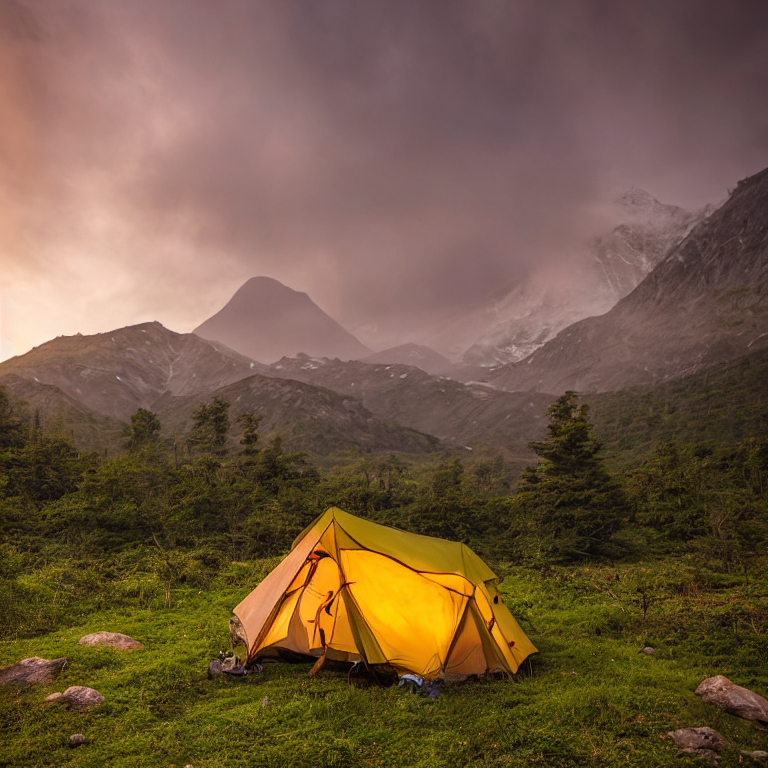 A cozy tent rests beside a paved campsite in the Valley of Flowers as the sun sets behind the mountains. Small trees, cloudy skies, and a large rock frame the scene, while a distant camper’s flashlight adds a warm glow.