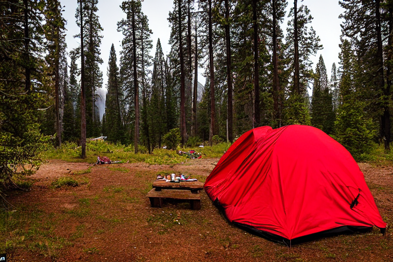A bright red tent rests on a dirt campsite beneath the cloudy night sky. A backpack, fallen leaves, and a picnic table add a cozy touch to the quiet Yosemite setting.