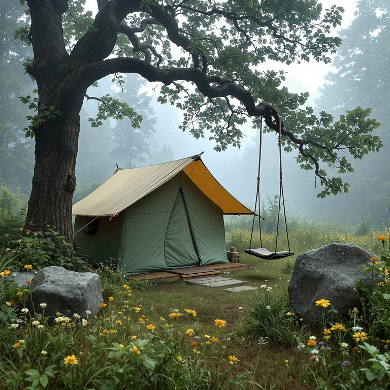 A green and tan tarp shelter rests in a misty rainforest meadow. Wildflowers and tall grass surround the camp, while a rope swing hangs from a sturdy tree. A large rock adds a rugged touch to this peaceful, foggy morning scene.