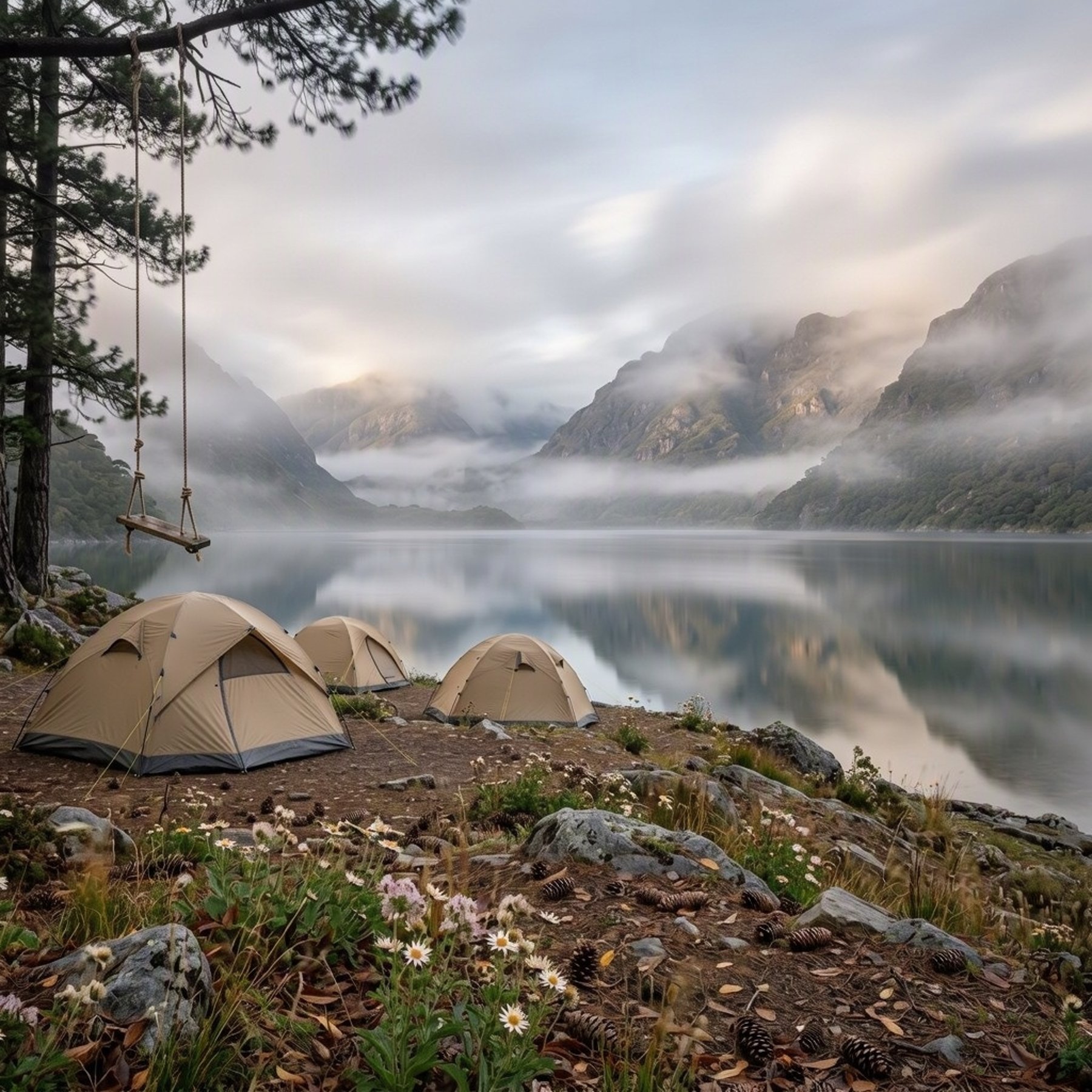 Three sandy tents rest beside a calm, misty lake, surrounded by wildflowers, leaves, and pine cones. A rope swing hangs from a sturdy tree, while soft fog wraps the mountains in a peaceful glow.