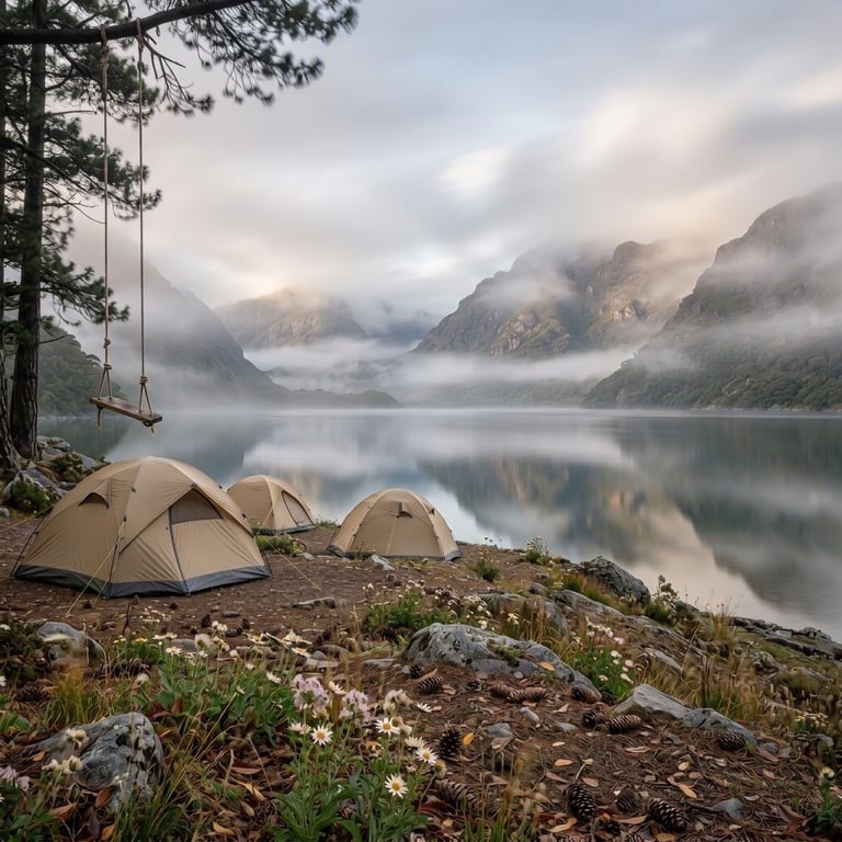 Three sandy tents rest beside a calm, misty lake, surrounded by wildflowers, leaves, and pine cones. A rope swing hangs from a sturdy tree, while soft fog wraps the mountains in a peaceful glow.