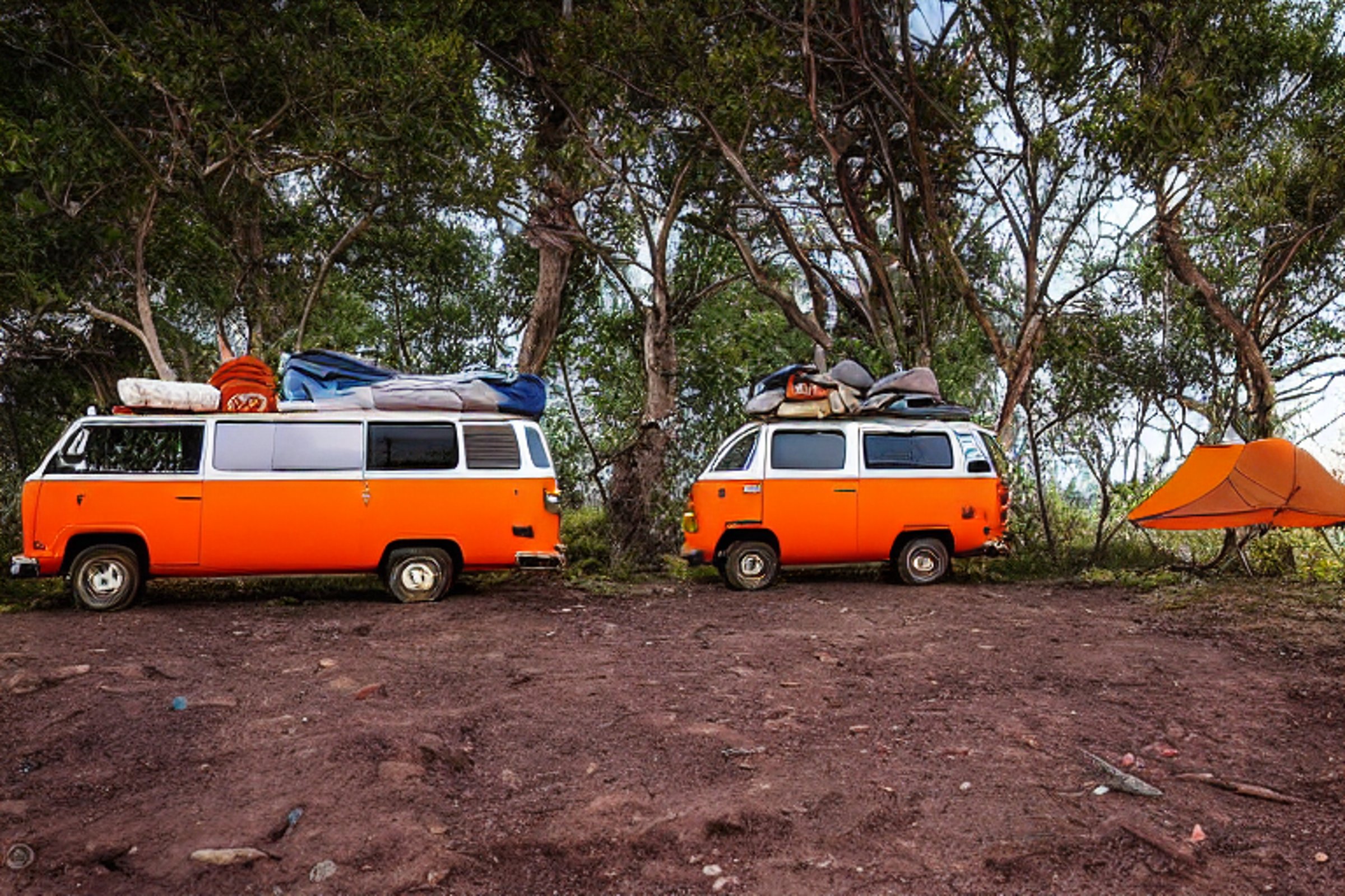 An orange campervan rests beside a warm campfire on a sandy beach under a clear night sky. A hammock hangs from a nearby tree, while a large rock, camping gear, and a wooden log add to the cozy scene. Farther away, surfers enjoy the quiet San Diego shore.