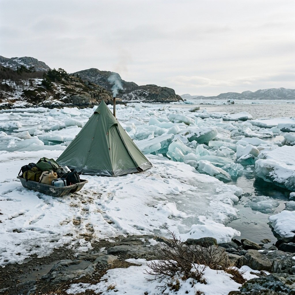 An eye-level view shows a green tent on a frozen shore. Smoke rises from its stove, and a gear-filled sled sits beside broken ice and dark water.