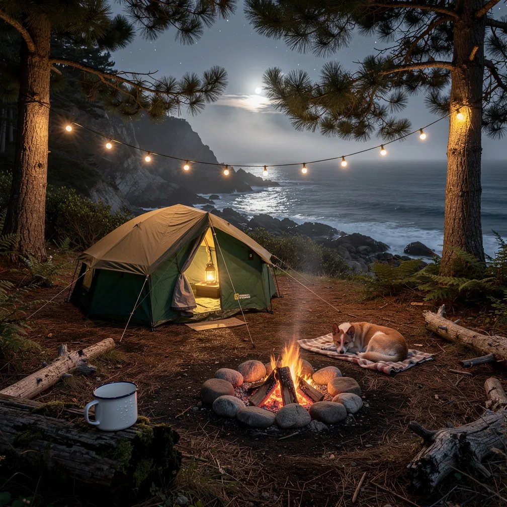 A hidden campsite rests in a quiet coastal cove, surrounded by tall pine trees and damp forest ground. Cool moonlight shines over a green tent while a small fire flickers in a stone ring. Soft string lights glow between the trees, and a sleepy dog curls up beside the warm embers. Driftwood and mossy logs make the clearing feel wild and secret.