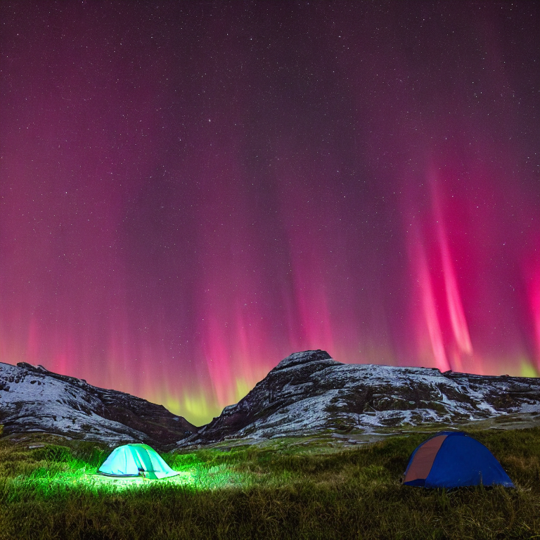 A red tent rests beside a warm campfire on a quiet mountain top. Ferns cover the ground, while rolling hills and distant peaks stretch beneath a clear sky glowing with colorful northern lights.