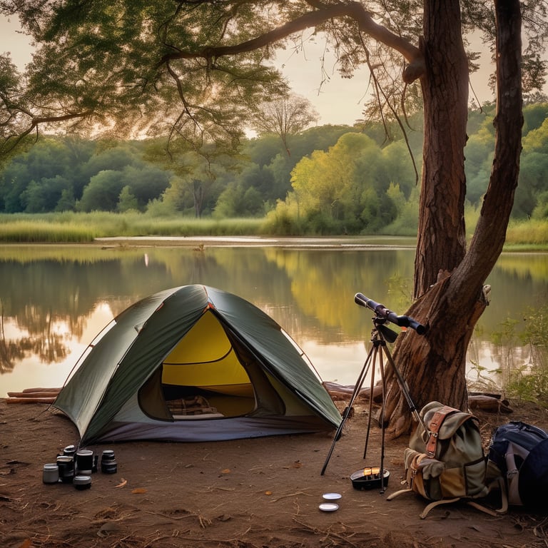 A cozy tent rests beside a quiet creek in the warm late-afternoon light. A hammock hangs between the trees, with binoculars nearby and a backpack on the ground. A canoe waits by the water as butterflies flutter through the dusty air.