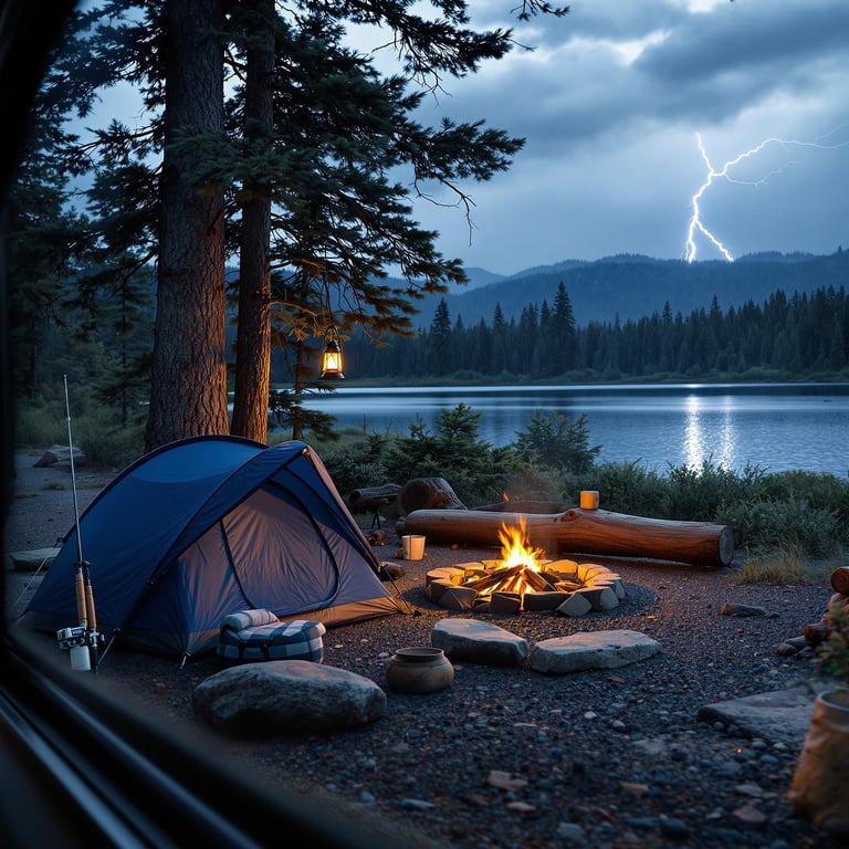 The campsite glows warmly with a cozy fire under tall trees by a peaceful lake. A bright tent stands ready for adventure, while a lightning bolt dances in the distance. It's a magical night in the great outdoors!