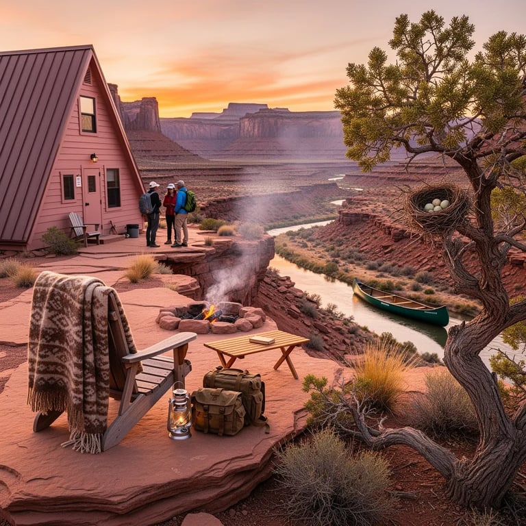 A dusty rose A-frame cabin sits on a red rock ledge, glowing in the golden sunset. A cozy chair with a warm blanket faces a small campfire ring, while a green canoe rests by the narrow desert river below. Hikers gather near the cabin, with grand mesas and deep canyons stretching out behind them. A tiny bird’s nest hides in the branches of a nearby juniper tree, adding a quiet touch of life to the scene.