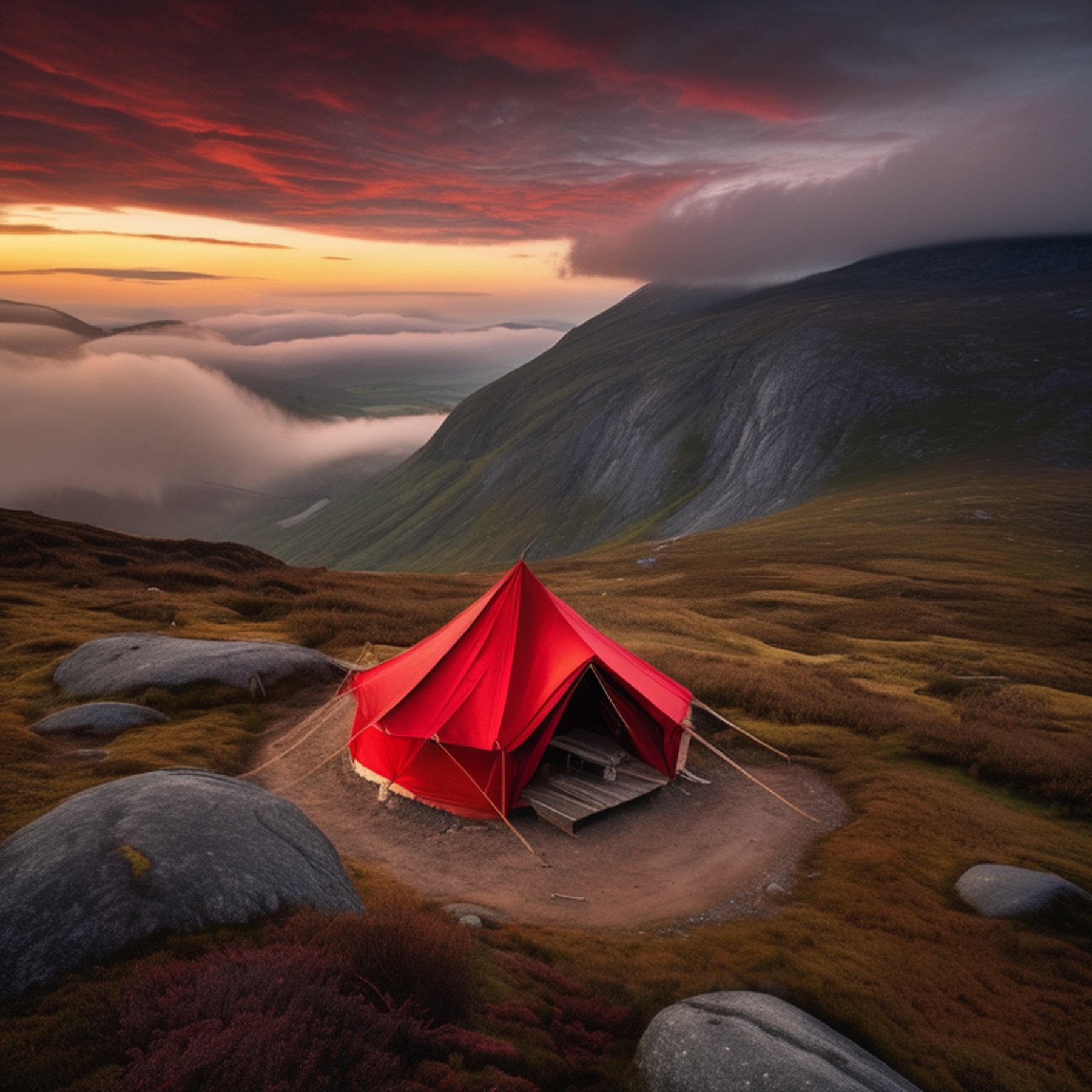 A bright red tent rests on a paved campsite in Norway at dusk. Fog drifts over the rolling hills, with a tall mountain rising in the distance. A small dirt patch and a fallen twig add a quiet, natural touch.