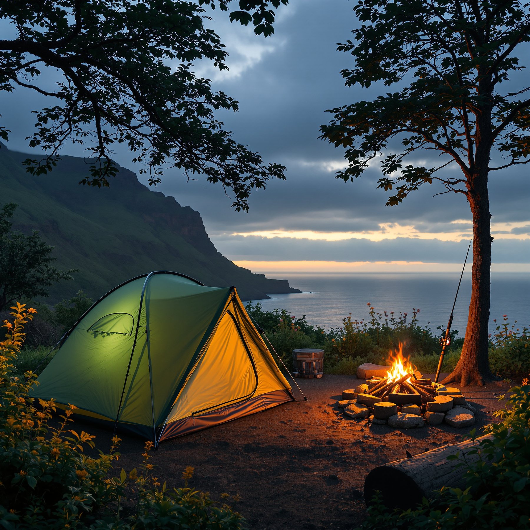 This cozy campsite sits by the ocean with mountains in the distance. A glowing tent and warm campfire make it feel safe and fun. Watch the sunset while listening to the waves and chirping birds.