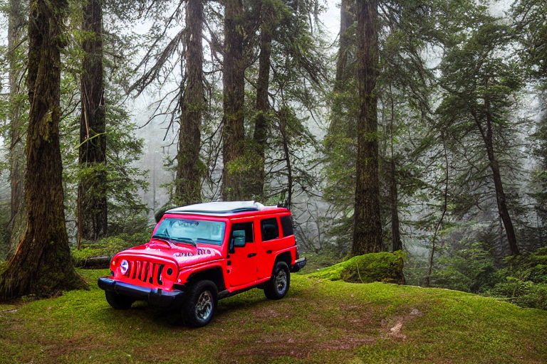 A red and white Jeep with a rooftop tent rests in a mossy Big Sur forest. Fog drifts through the trees around a small campfire, while a backpack sits on the dirt nearby. The tent glows warmly inside, making the cool campsite feel cozy.