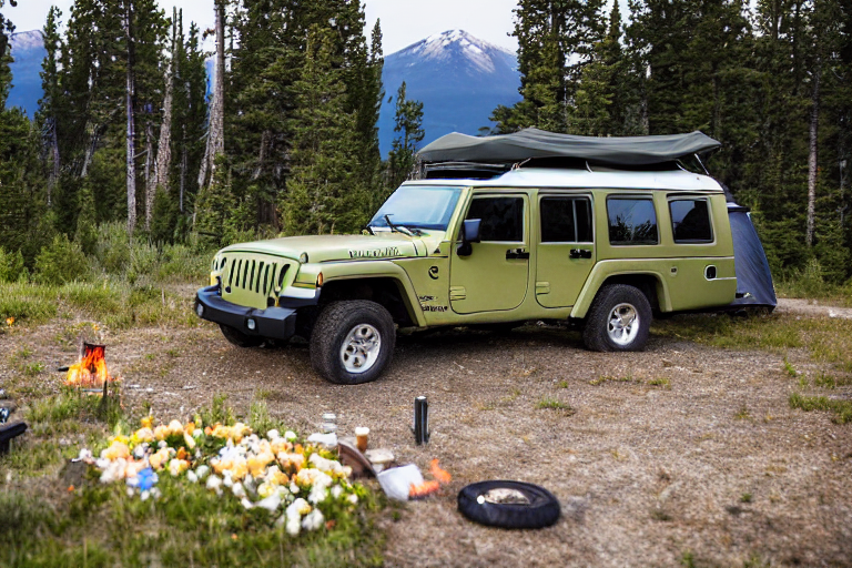 A forest green Jeep rests at a cozy campsite in foggy Yellowstone. Its rooftop tent glows softly above a warm campfire, with wildflowers, a wooden guitar, and mountains nearby.