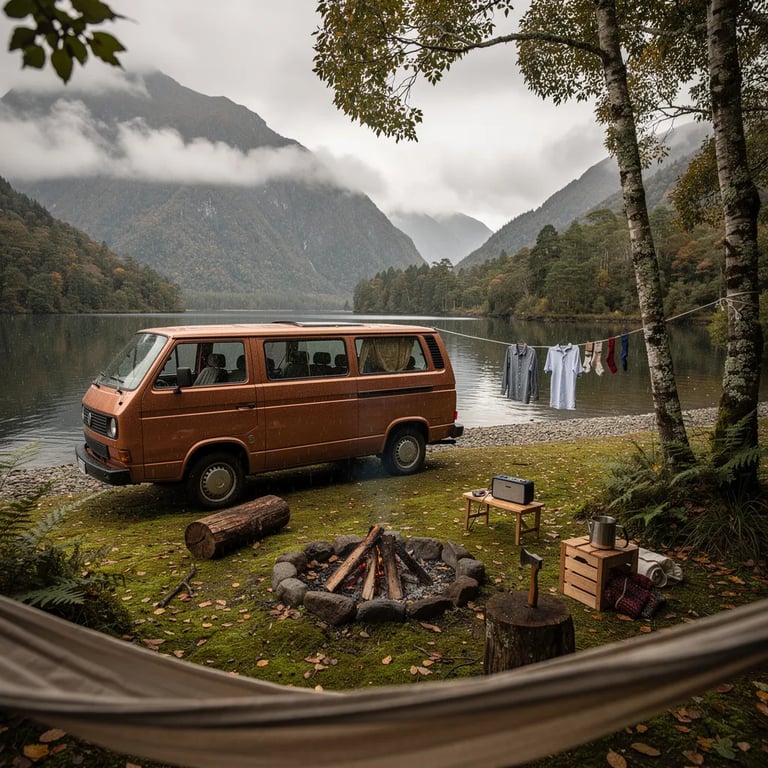 A quiet lakeside campsite rests under tall beech trees, with mist drifting over the water on a cool autumn day. A shiny copper campervan sits on soft, mossy ground, catching a small break of light. Shirts and socks flutter on a line between the trees, and a stone fire ring waits beside a big split log and an axe in a stump. A hammock hangs in the front, making it feel calm and cozy.