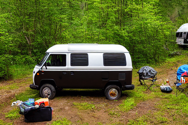 Two black campervans rest beside a small stream in the snowy Smoky Mountains. Camping chairs and gear sit on the dirt, while flowers peek through the cold ground. A tiny flashlight glows in the distance as dusk settles over the peaceful campsite.