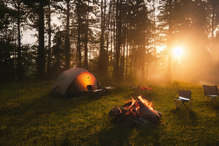 Two brown tents rest in tall, overgrown grass beneath the misty Smoky Mountains. Camping chairs gather around a warm campfire as golden light shines through the fog. Nearby waves add a soft, peaceful sound to the quiet campsite.