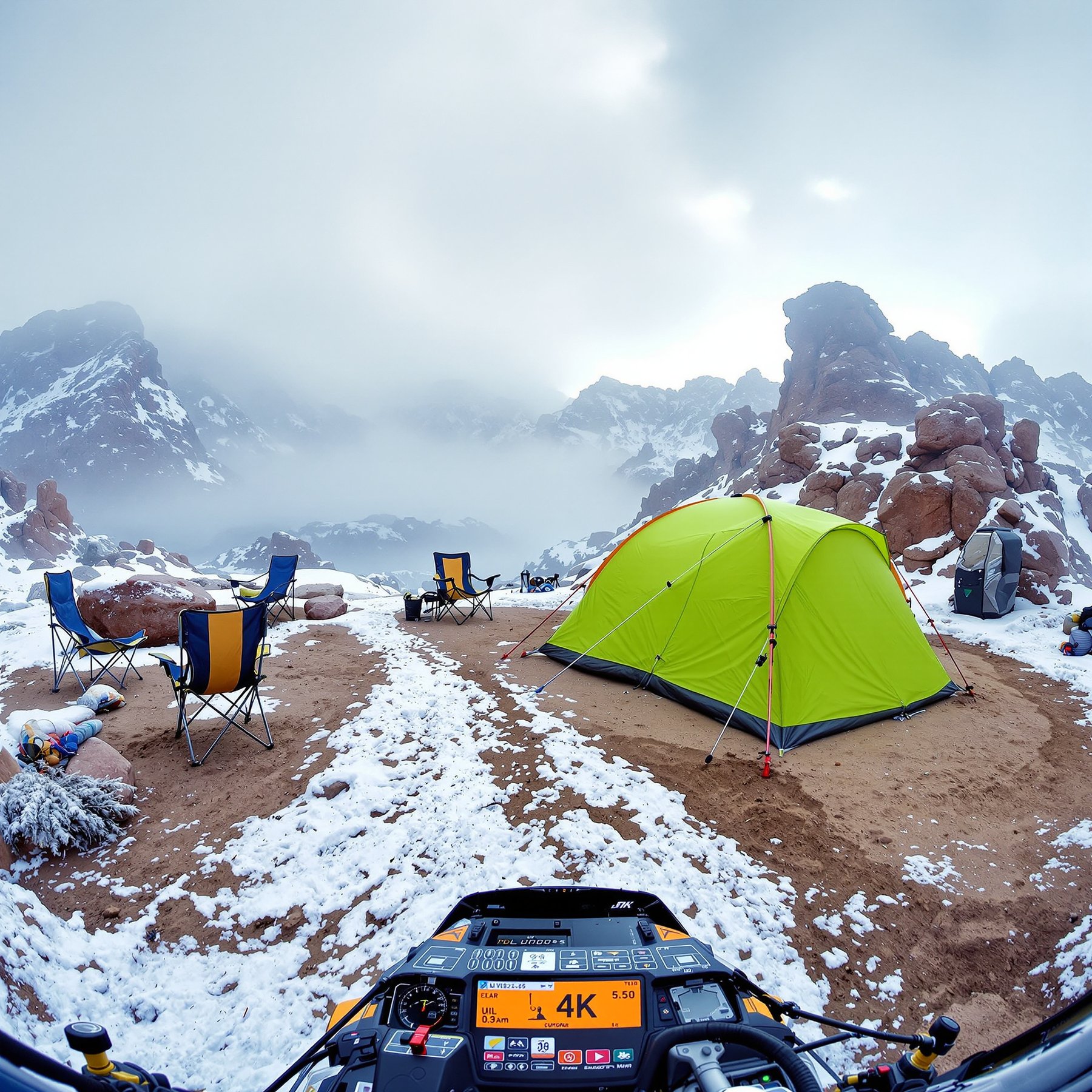 This campsite sits on a snowy mountain with big rocks all around. The bright green tent and cozy chairs make it feel warm and fun, even in the cold. Misty clouds float between the tall peaks, creating a magical scene.