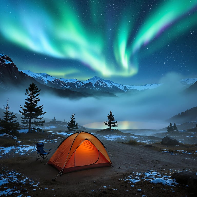 A glowing tent sits under the magical dancing lights of the northern sky, surrounded by snowy mountains and a misty lake. The air is crisp and filled with wonder, perfect for a cozy night by the fire. Nature’s beauty shines in this peaceful place.