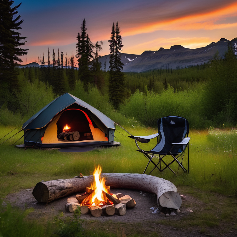 A cozy black tent rests beside a quiet river under bright green northern lights. A warm campfire glows in the center, surrounded by logs, chairs, tall grass, and large stones.