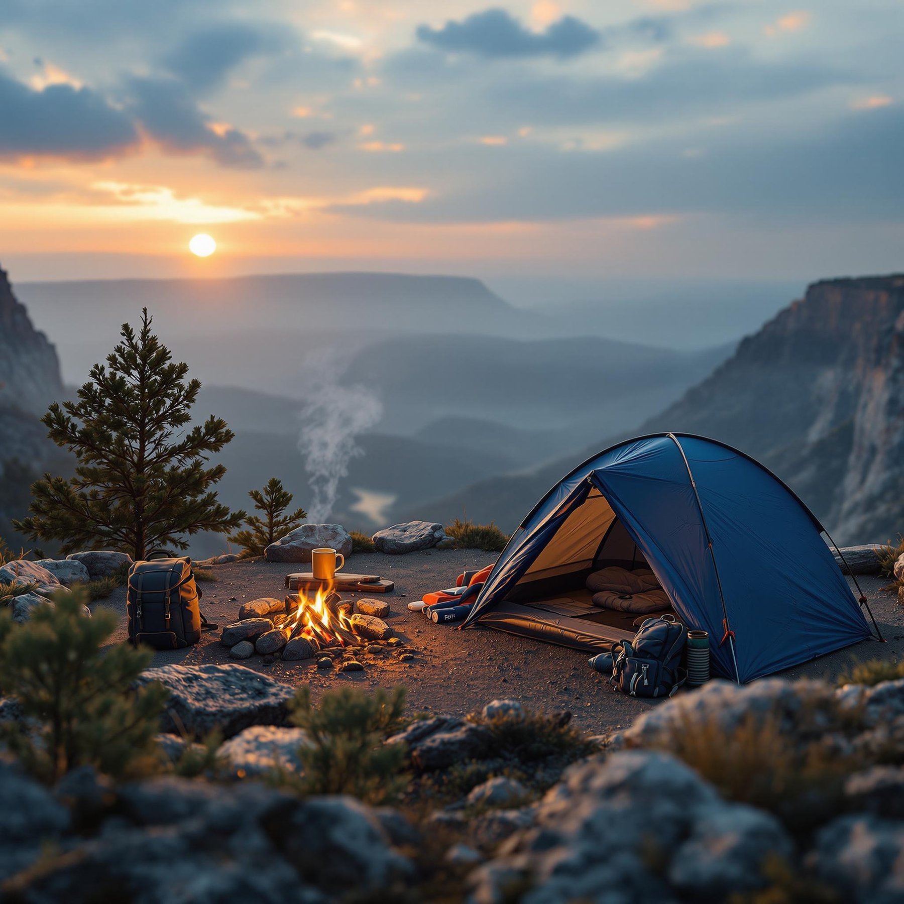 A navy blue tent rests on a scenic overlook beneath hazy, golden skies. A picnic table holds a small camping stove, while a mug sits by the campfire and fossilized dinosaur tracks mark the nearby rocks. From above, the campsite feels peaceful and wild.