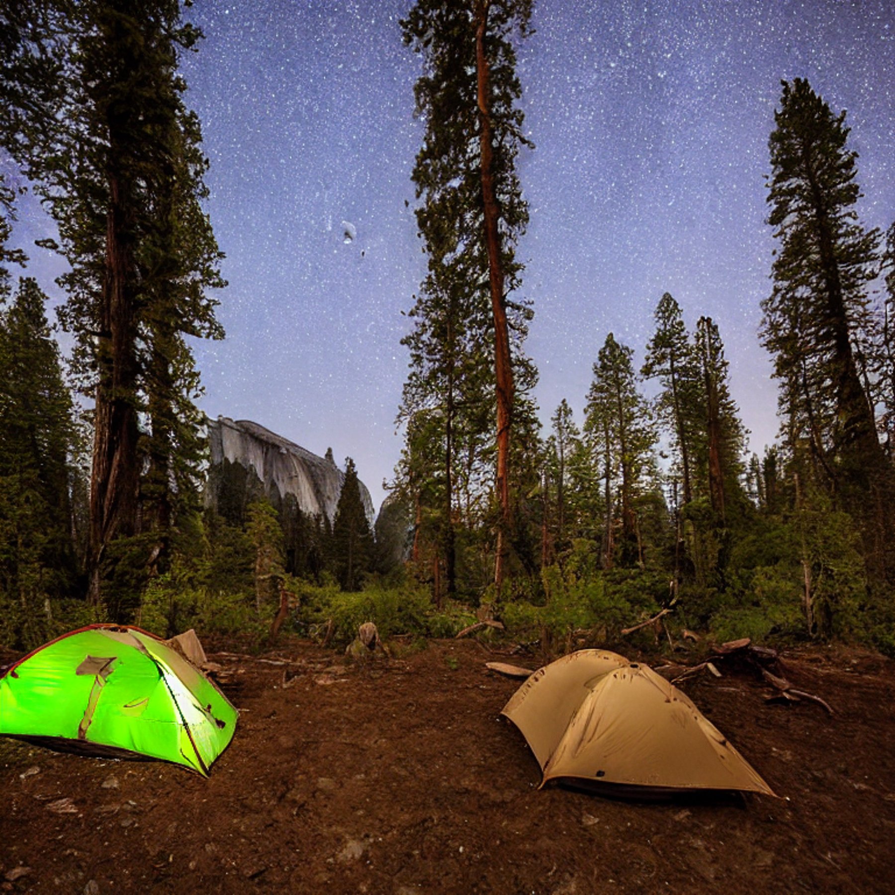 A forest-green tent rests on a dirt campsite in rainy Yosemite at night. A winding trail leads past the site, with hikers nearby and rolling hills beneath the distant moon.
