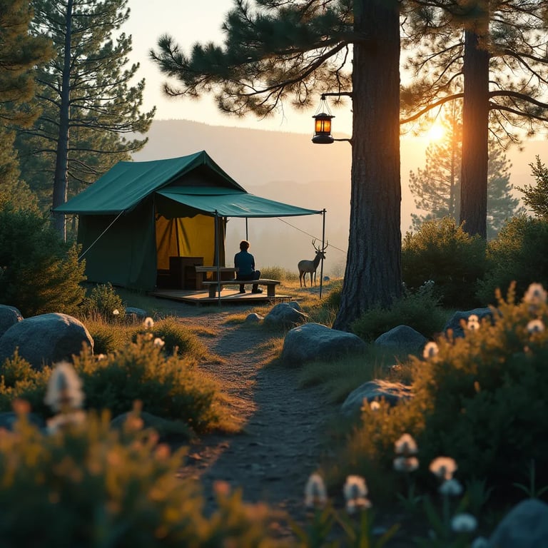 A forest-green tarp shelter rests among thick bushes in Yellowstone at dusk. A warm solar lantern hangs from a tree, while a deer stands in the distance and a hummingbird hovers near a flower.