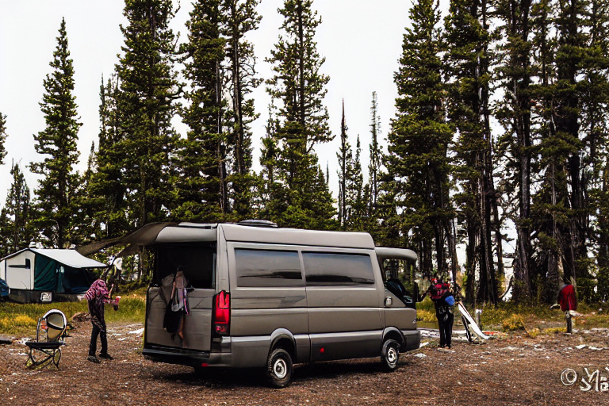 A black camper van rests at a quiet campsite in Yellowstone. Fog drifts around the mountains as bright northern lights glow above. A backpack and small wooden branches sit near the dirt clearing.