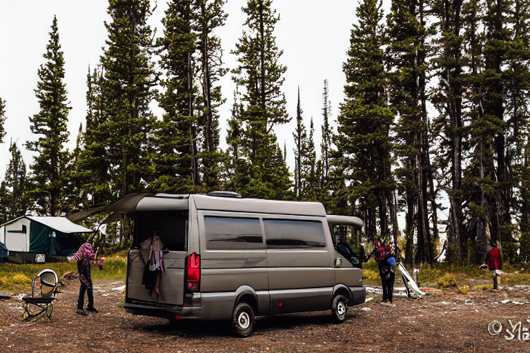 A black camper van rests at a quiet campsite in Yellowstone. Fog drifts around the mountains as bright northern lights glow above. A backpack and small wooden branches sit near the dirt clearing.