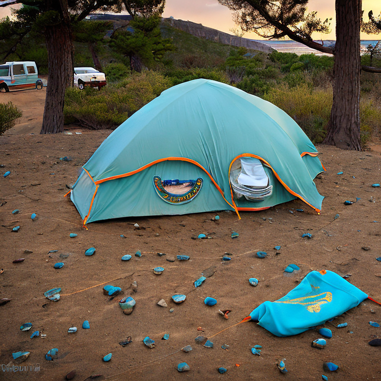 A teal tent rests beside a paved campsite near San Diego Beach at dusk. A dirt path winds through fall-colored trees, with wet stones and clothes hanging on a line. Rainy skies give the campsite a calm, cozy feel.