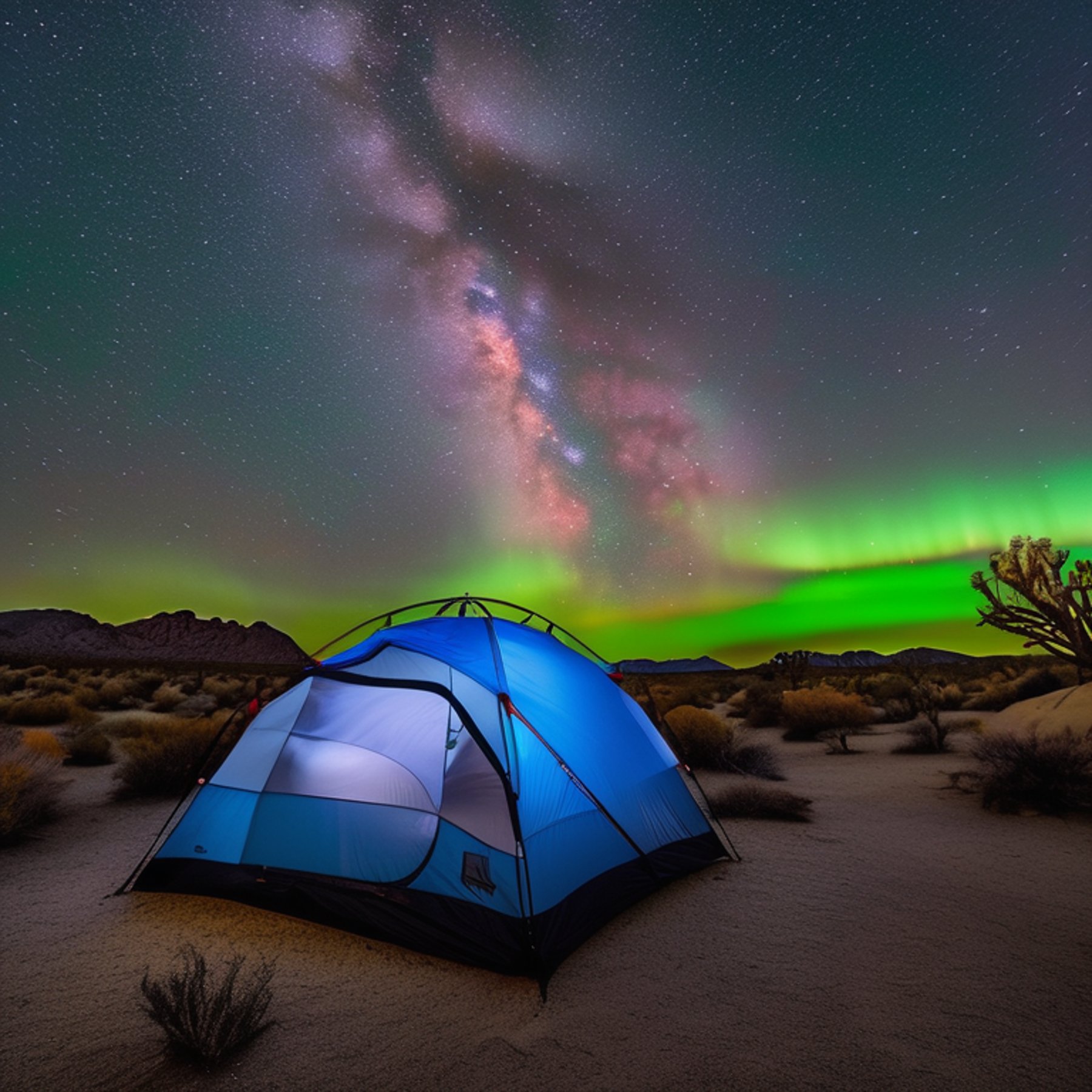 A colorful tent rests on a quiet paved campsite beneath the glowing northern lights. A warm campfire crackles among stone gravel and tall grass, while hikers gather under the clear Joshua Tree sky.